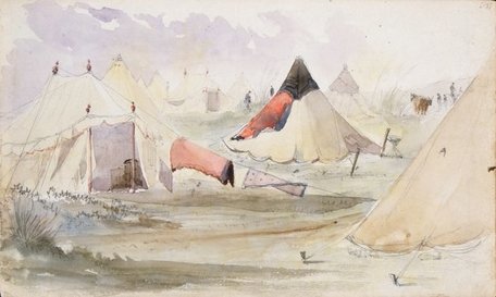 Watercolour of army tents, Waitotara